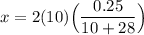 x = 2(10) \Big( \dfrac{0.25}{10+28}\Big)