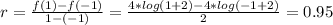 r = \frac{f(1) - f(-1)}{1 - (-1)} = \frac{4*log(1 + 2) - 4*log(-1 + 2)}{2} = 0.95