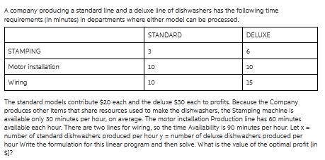 A company producing a standard line and a deluxe line of dishwashers has the following time requirem