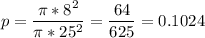 p=\dfrac{\pi*8^2}{\pi*25^2} =\dfrac{64}{625} =0.1024