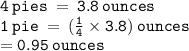 { \tt{4 \: pies \:  =   \: 3.8 \: ounces}} \\ { \tt{1 \: pie \:  =  \: ( \frac{1}{4}  \times 3.8) \: ounces}} \\ { \tt{ = 0.95 \: ounces}}