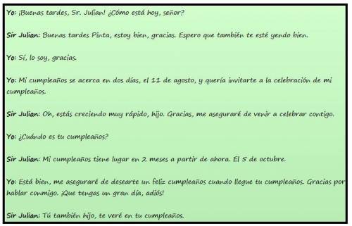 Write a short dialogue–both sides of the conversation–in Spanish between you and your adult neighbor