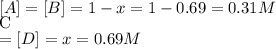 [A] = [B] = 1-x = 1-0.69 = 0.31 M\\[C] = [D] = x = 0.69 M