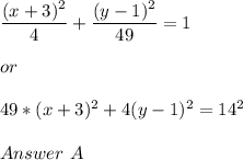 \dfrac{(x+3)^2}{4} +\dfrac{(y-1)^2}{49} =1\\\\or\\\\49*(x+3)^2+4(y-1)^2=14^2\\\\Answer\ A\\
