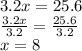 3.2x = 25.6 \\  \frac{3.2x}{3.2}  =  \frac{25.6}{3.2}  \\ x = 8