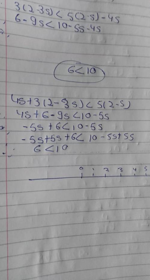 Solve 4s + 3(2-3s) < 5(2-s)