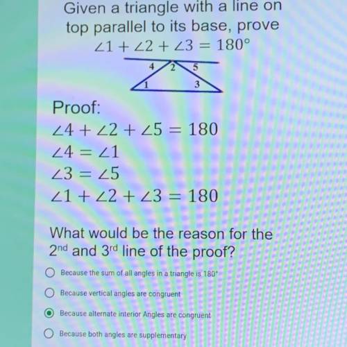 What would be the reason for the second and third line of the proof? Because the sum of all angles i