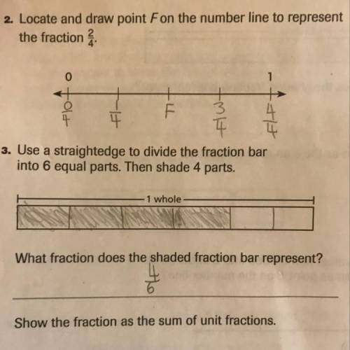 Use a straightedge to divide the fraction bar into 6 equal parts then shade 4 parts