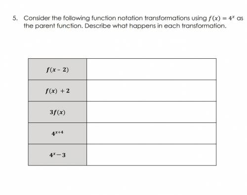 Consider the following function notation transformations using f(x)=4^x as the parent function. Desc