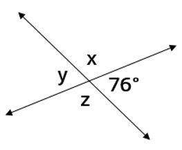 Find x, y, and z. The answers to choose from are as follows:  x=76°, y = 104°, z = 104° x=104°, y =