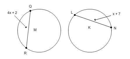 Circles M and K are congruent, segment QR is congruent to arc LN . Find the length of segment QR .