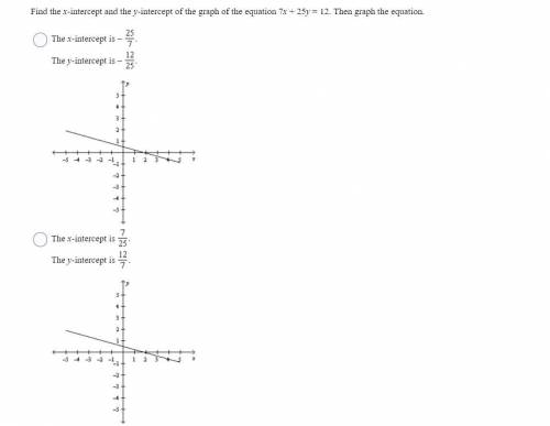 Find the x-intercept and the y-intercept of the graph of the equation 7x + 25y = 12. Then graph the