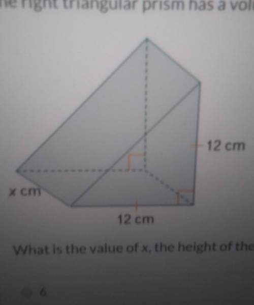 The right triangular prism has a volume of 1,152 cmF12 cmХcm12 cmWhat is the value of x, the height