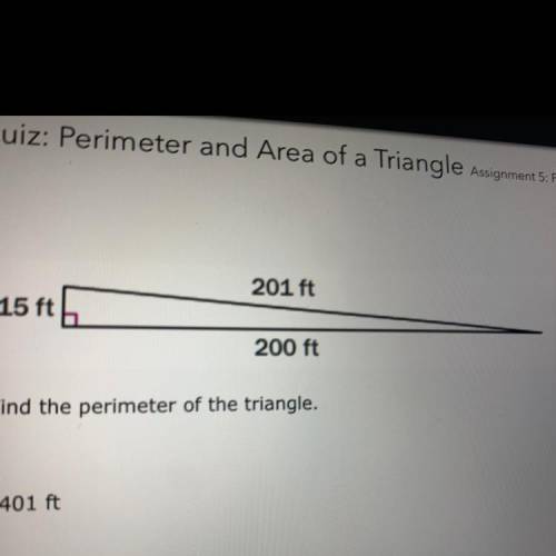 Find the perimeter of the triangle. 401 ft 200 ft 416 ft o 3,000 ft