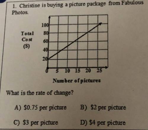 Christine is buying a picture package from Fabulous Photos. What is the rate of change? A) $0.75 per