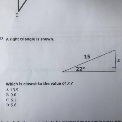 A right triangle is shown. Which is closest to the value of x?