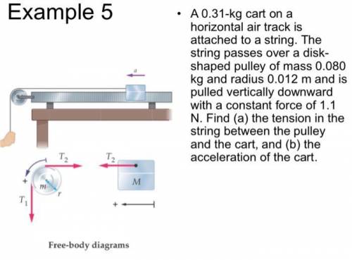 A 0.31 kg cart (M) on a horizontal air track is attached to a string, which passes over a disk-shape