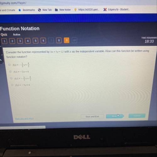 Consider the function represented by 9x + 3y = 12 with x as the independent variable. How can this f