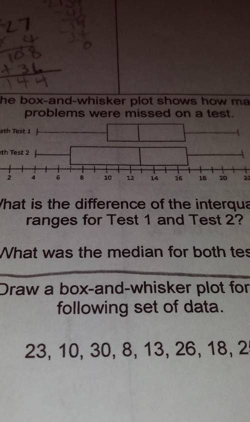 The box-and-whisker plot shows how manyproblems were missed on a test.Math Test 1...Math Test 226810