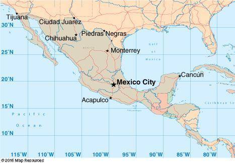 Using the map below, explain how to find the longitude and latitude of Mexico City. Be sure to provi