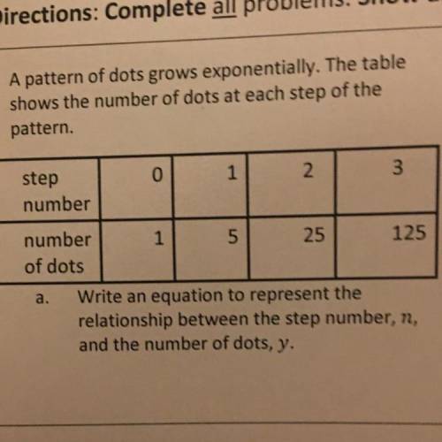 Write an equation to represent the relationship between the step number, n, and the number of dots,