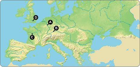 Which letter on the map indicates the location of the Danube River? A B C D