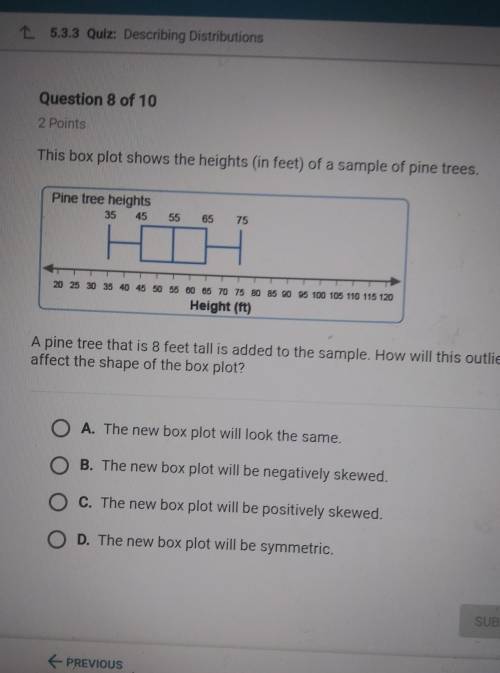 A pine tree that is 8 feet tall is added to the sample. How will this outlieraffect the shape of the
