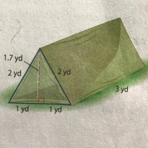 A tent is in the shape of a triangular prism. About how much canvas, including the floor, is used to