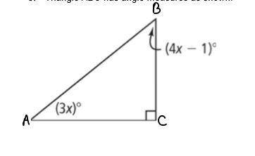 3. Triangle ABC has angle measures as shown. Angle a = (3x)° Angle b = (4x - 1)° Angle c = Not Shown