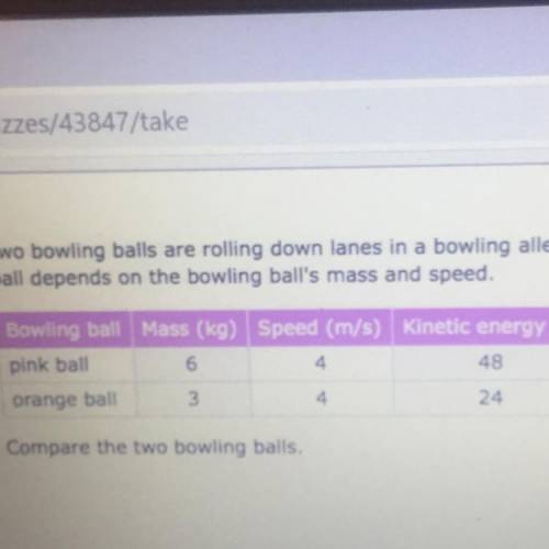 Two bowling balls are rolling down lanes in a bowling alley. The kinetic energy of each bowling ball