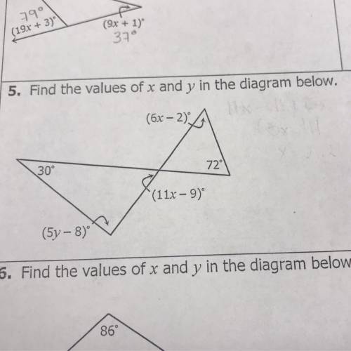 Find the values of x and y in the diagram below