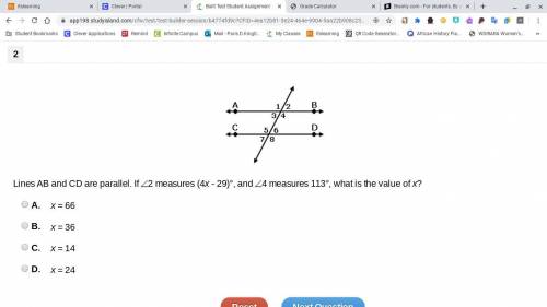 Lines AB and CD are parallel. If 2 measures (4x - 29)°, and 4 measures 113°, what is the value of x?