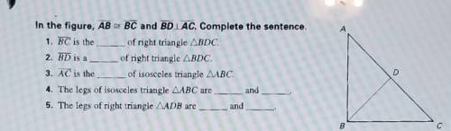 In the figure, AB = BC and BD is perpendicular to AC. Complete the sentence.
