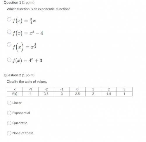1: Which Function is an exponential function? 2:Classify the table of values. 3:Classify the table o