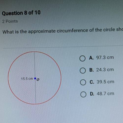 What is the approximate circumference of the circle shown below? Help please!! :)
