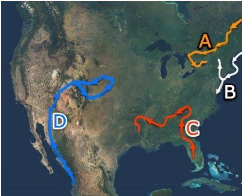 Which route is showing the path traveled by explorer Henry Hudson? A) A B) B C) C D) D