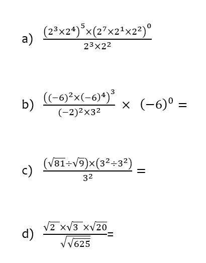 3. Aplica las propiedades de la potenciación de números enteros para simplificar cada una de las sig