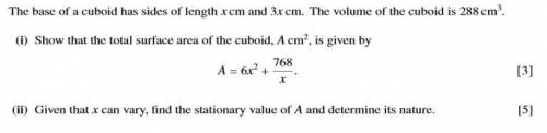 Need help with this total surface area and stationary point question (image attached)