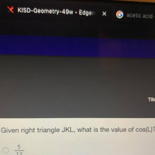 Given right triangle JKL, what is the value of cos(L)