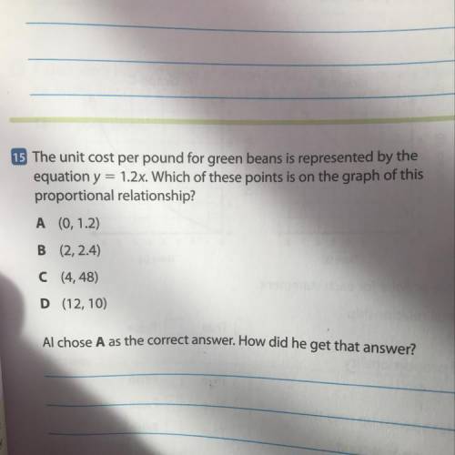The unit cost per pound for green beans is represented by the equation y=1.2.x. Which of these point