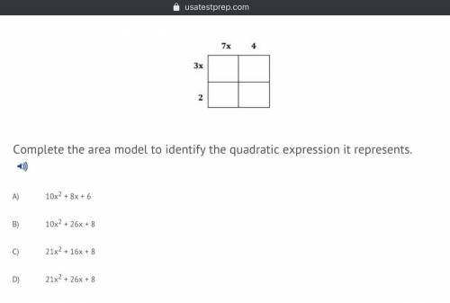 Complete the area model to identify the quadratic expression it represents. A) 10x2 + 8x + 6  B) 10x