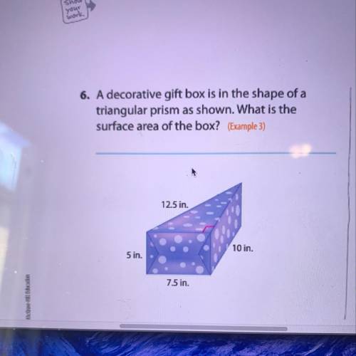 A decorative gift box is in the shape of a triangular prism as shown. What is the surface area of th