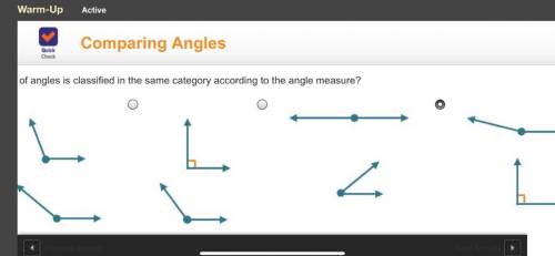 Which pair of angles is classified in the same category according to the angle measure?