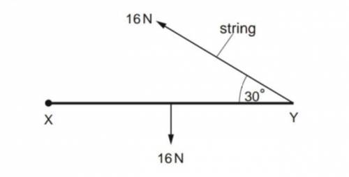 A rod of XY of weight 16N is hinged at X and supported by a string at Y. The string is at angle 30°.