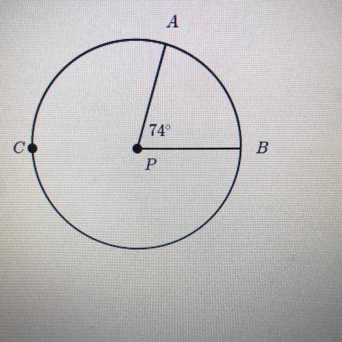What is the arc measure of ACB on circle P in degrees?