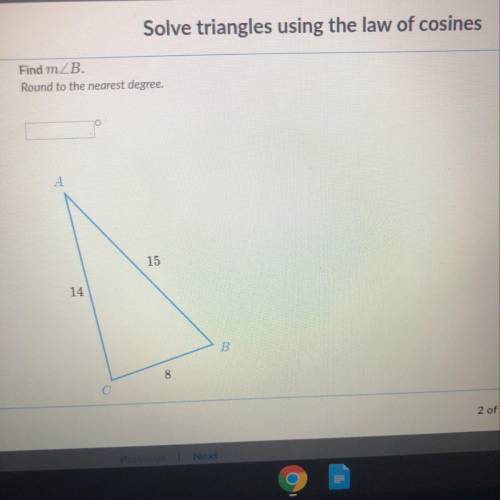 Solve triangles using the law of cosines Find m angleB. Round to the nearest degree,