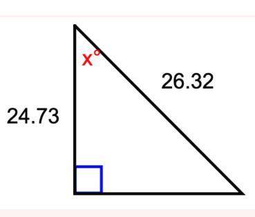 Solve for the angle, x. Round to the nearest hundredth. A. 20.02 B. 69.98 C. 43.22 D. 46.78