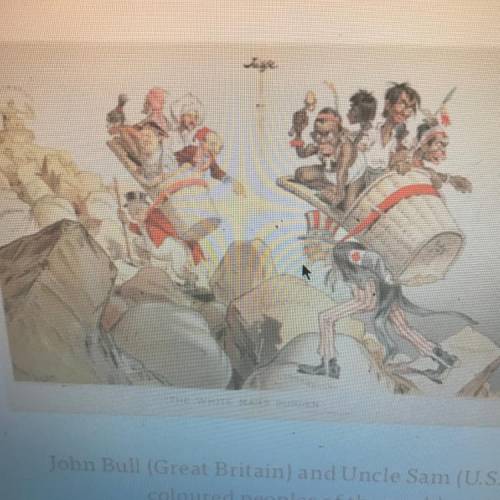 What do you think the illustrator wants the viewer to think about the “white mans burden”. What deta