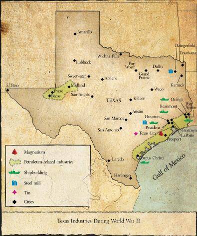 According to the map, during Wolrd War II, which of the following Texas cities did NOT have petroleu