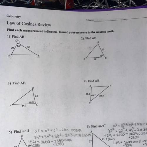 Can someone help with this Law of Cosines worksheet? I need help on 1,2,3,4